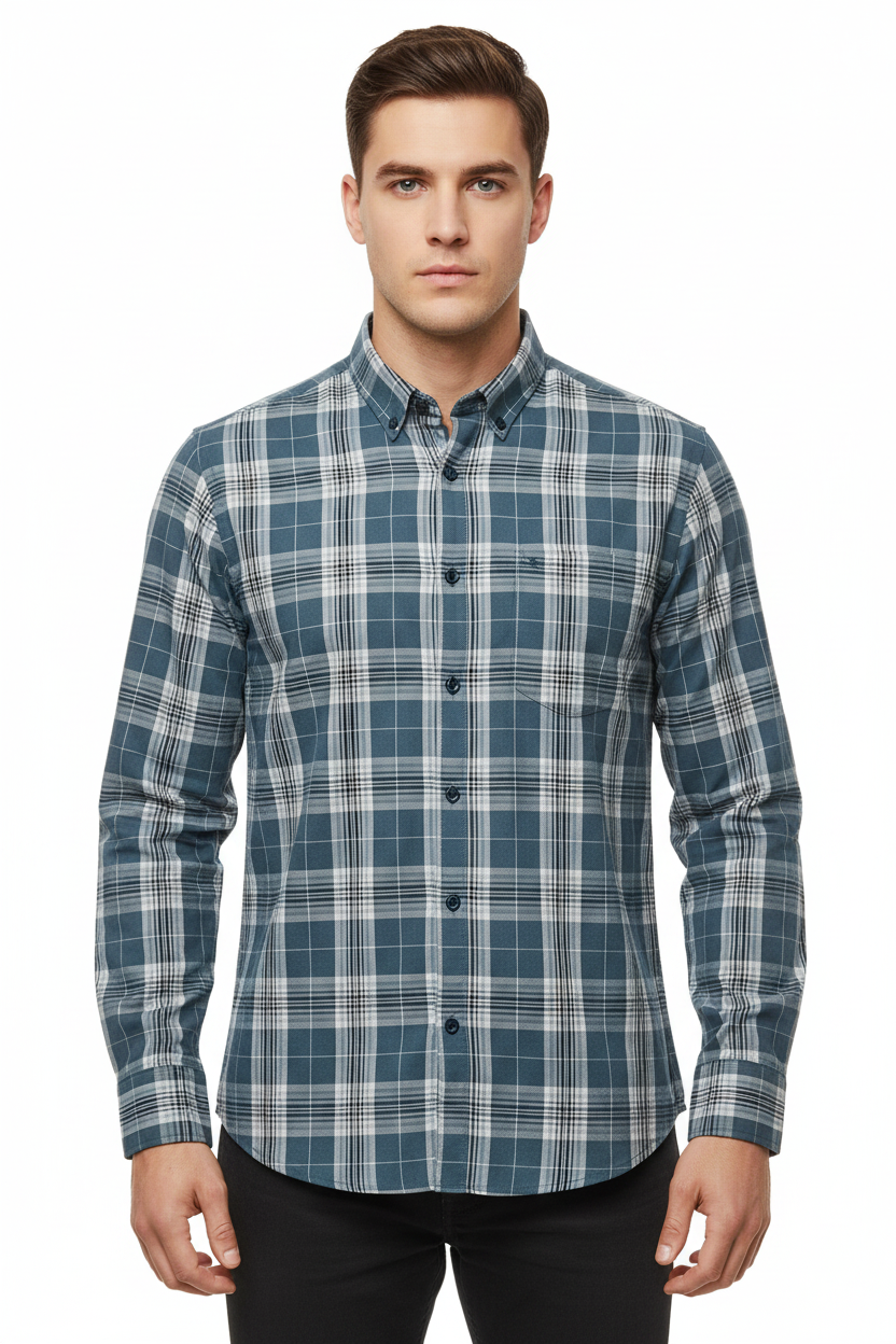 Denim Degrees Blue-Grey Plaid Check Shirt - Front View