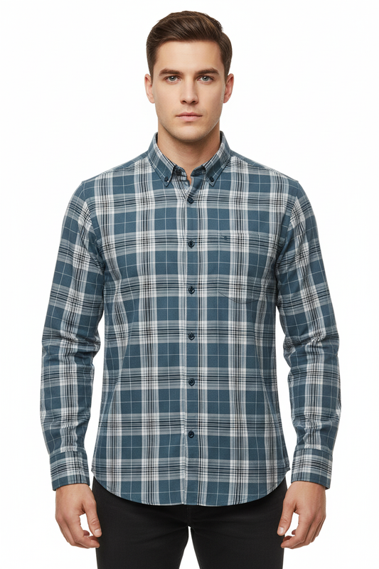 Denim Degrees Blue-Grey Plaid Check Shirt - Front View