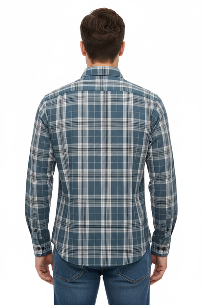 Denim Degrees Blue-Grey Plaid Check Shirt - Back View