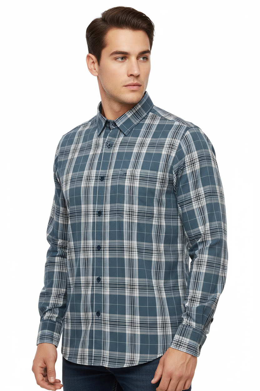 Denim Degrees Blue-Grey Plaid Check Shirt - Front 45 Right
