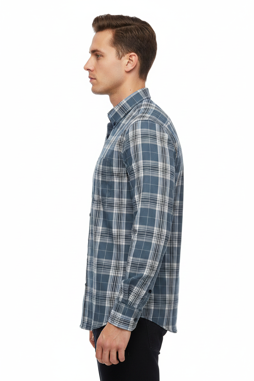 Denim Degrees Blue-Grey Plaid Check Shirt - Side Profile