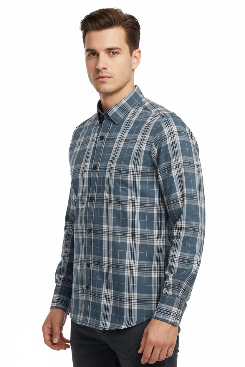 Denim Degrees Blue-Grey Plaid Check Shirt - Front 45 Left