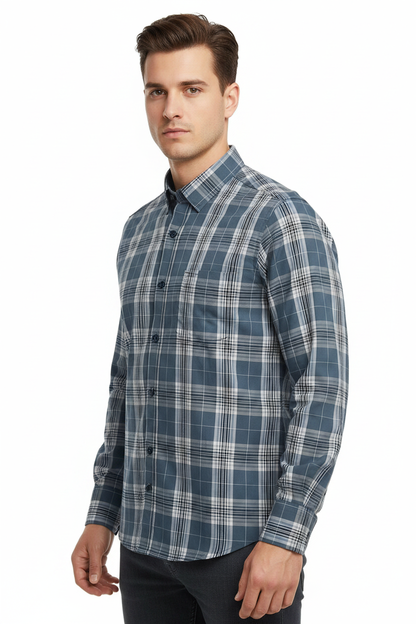Denim Degrees Blue-Grey Plaid Check Shirt - Front 45 Left